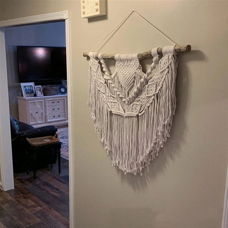 Macramé mural côtier crème tissé main