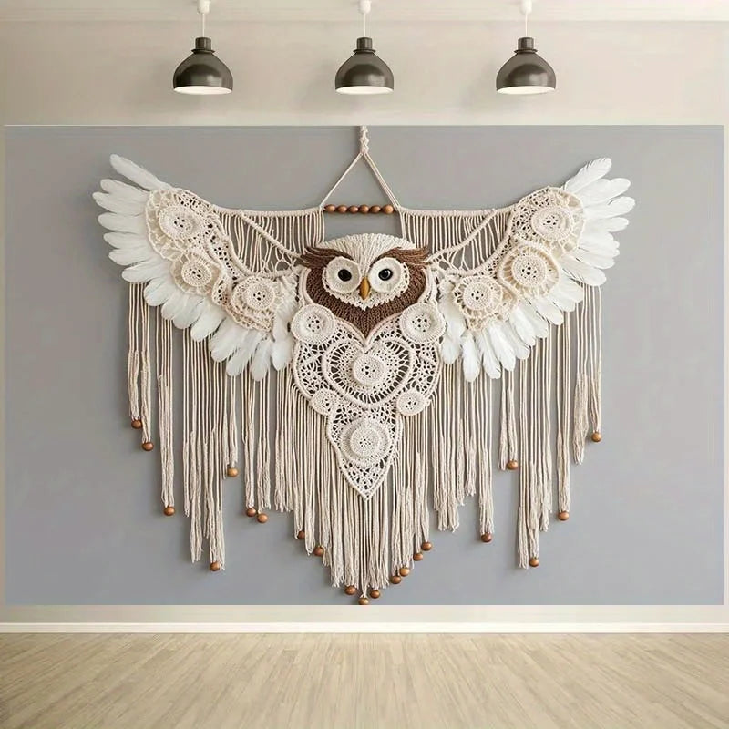 Macramé mural hibou bohème naturel
