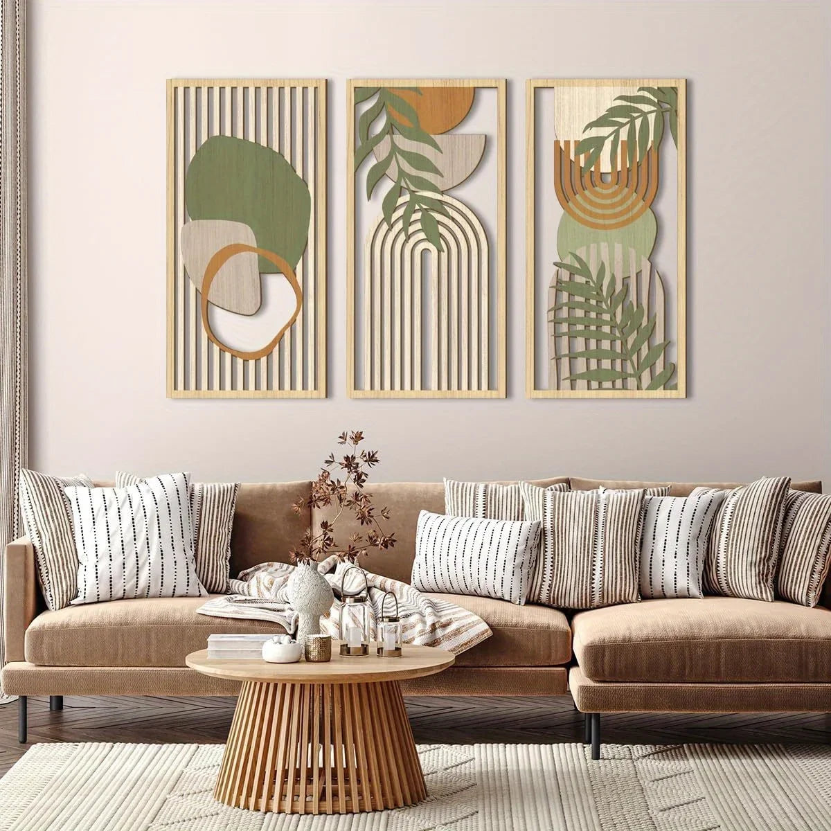 Décoration murale bois abstrait vert sauge (lot de 3)