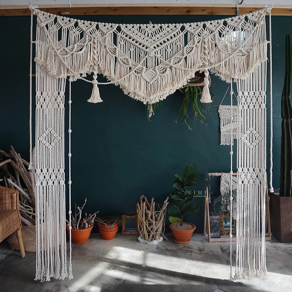 Rideau macramé grand format bohème beige