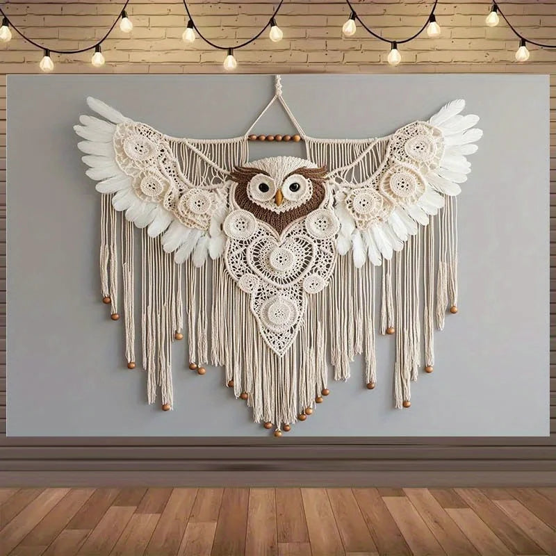 Macramé mural hibou bohème naturel