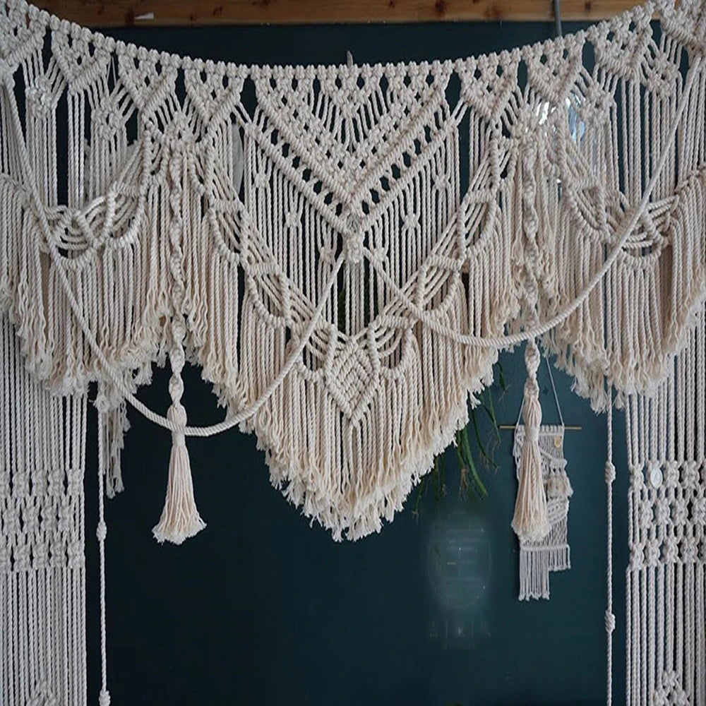 Rideau macramé grand format bohème beige