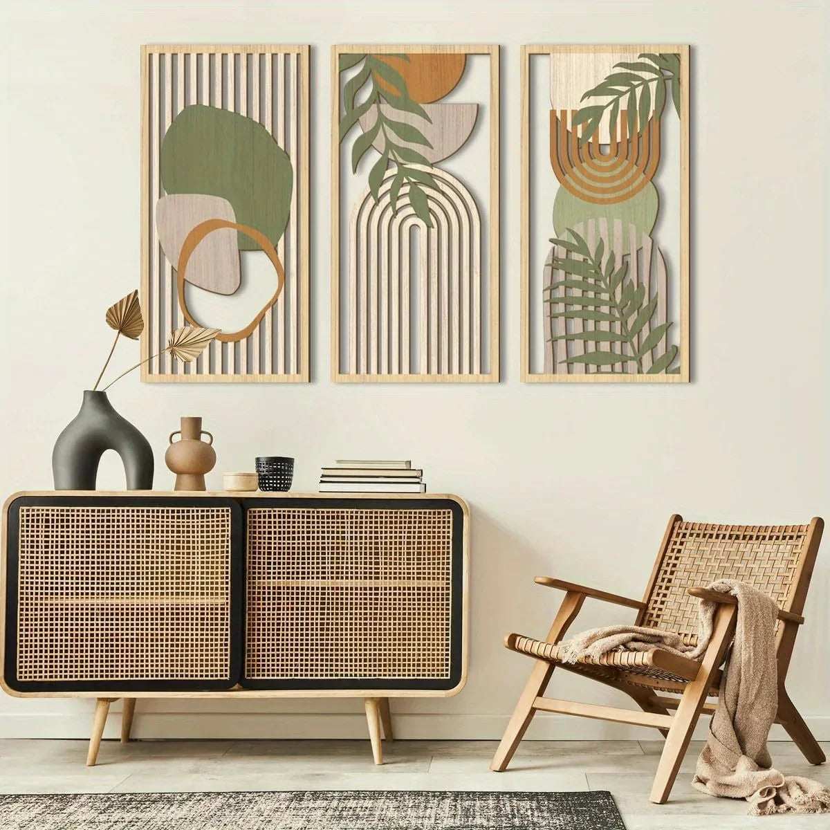 Décoration murale bois abstrait vert sauge (lot de 3)