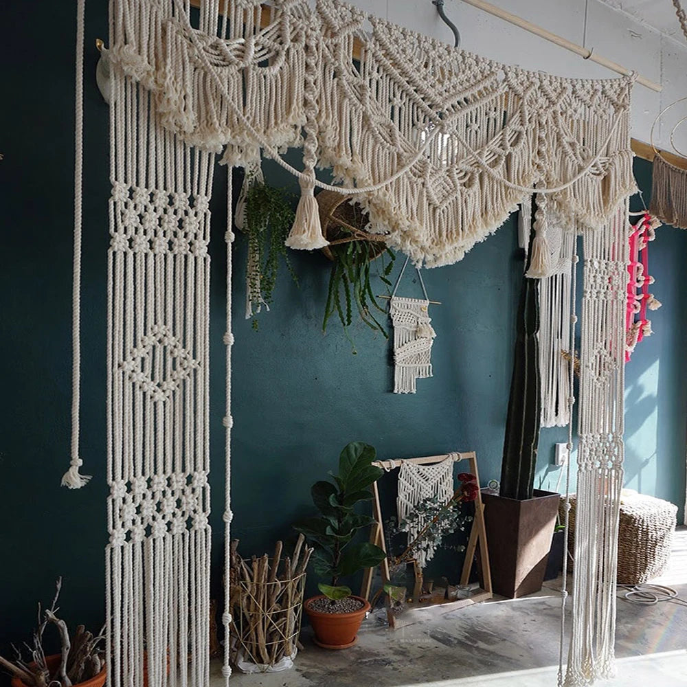 Rideau macramé grand format bohème beige