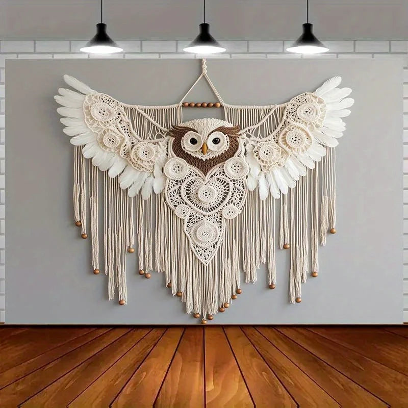 Macramé mural hibou bohème naturel