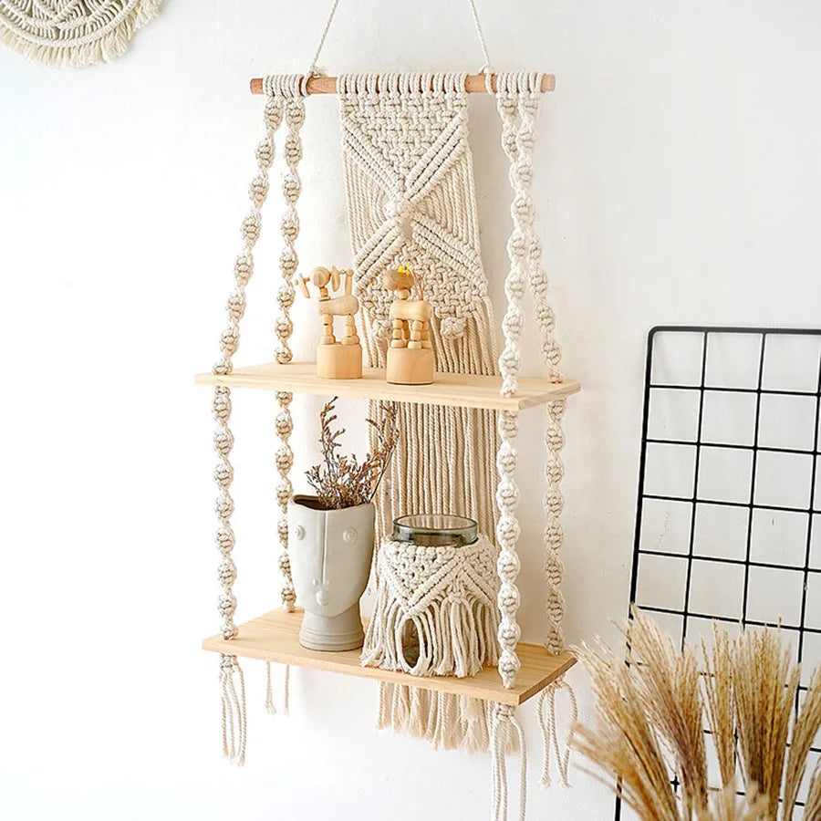 Étagère murale macramé bois naturel