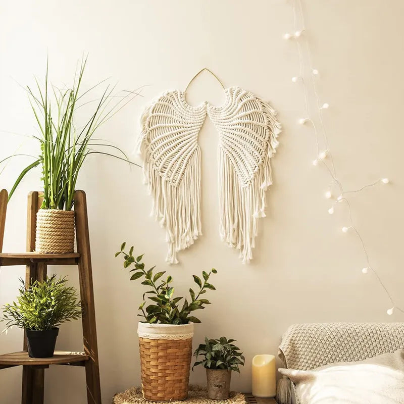 Macramé mural ailes d’ange bohème