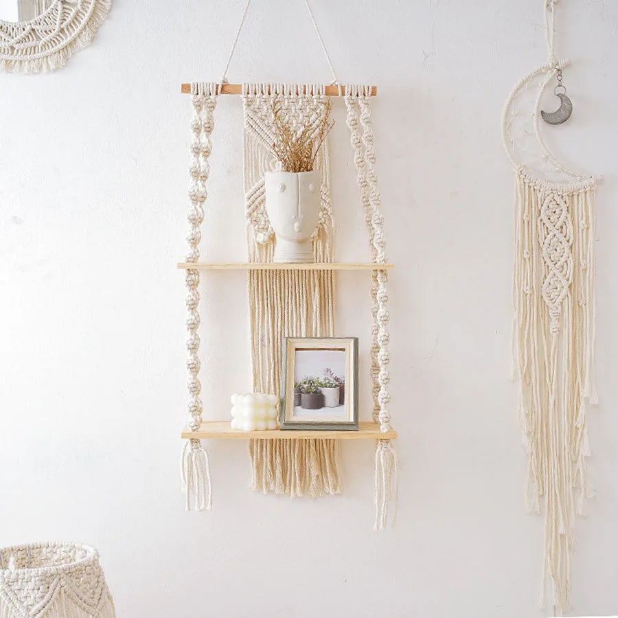 Étagère murale macramé bois naturel