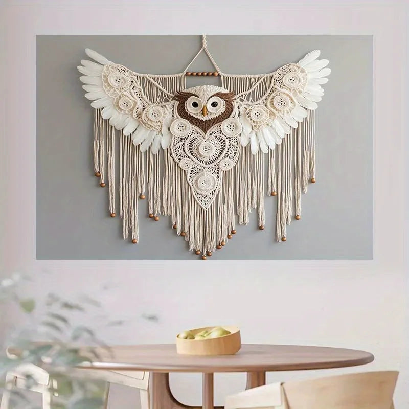 Macramé mural hibou bohème naturel