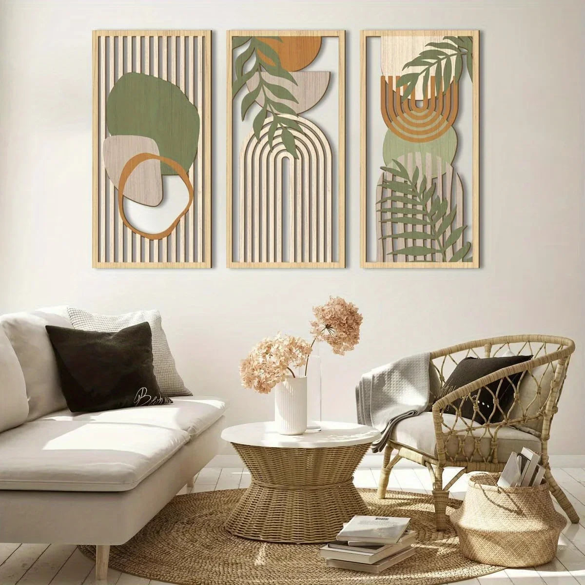 Décoration murale bois abstrait vert sauge (lot de 3)