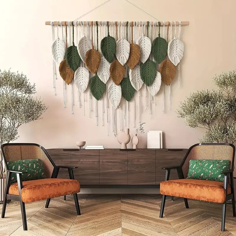 Macramé murale feuilles bohème coloré
