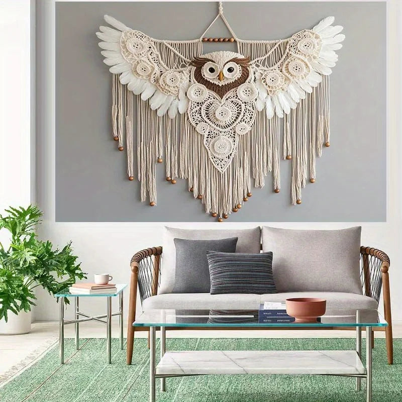 Macramé mural hibou bohème naturel
