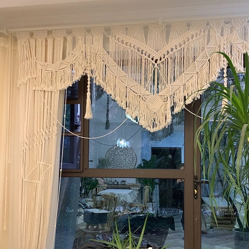 Rideau macramé grand format bohème beige