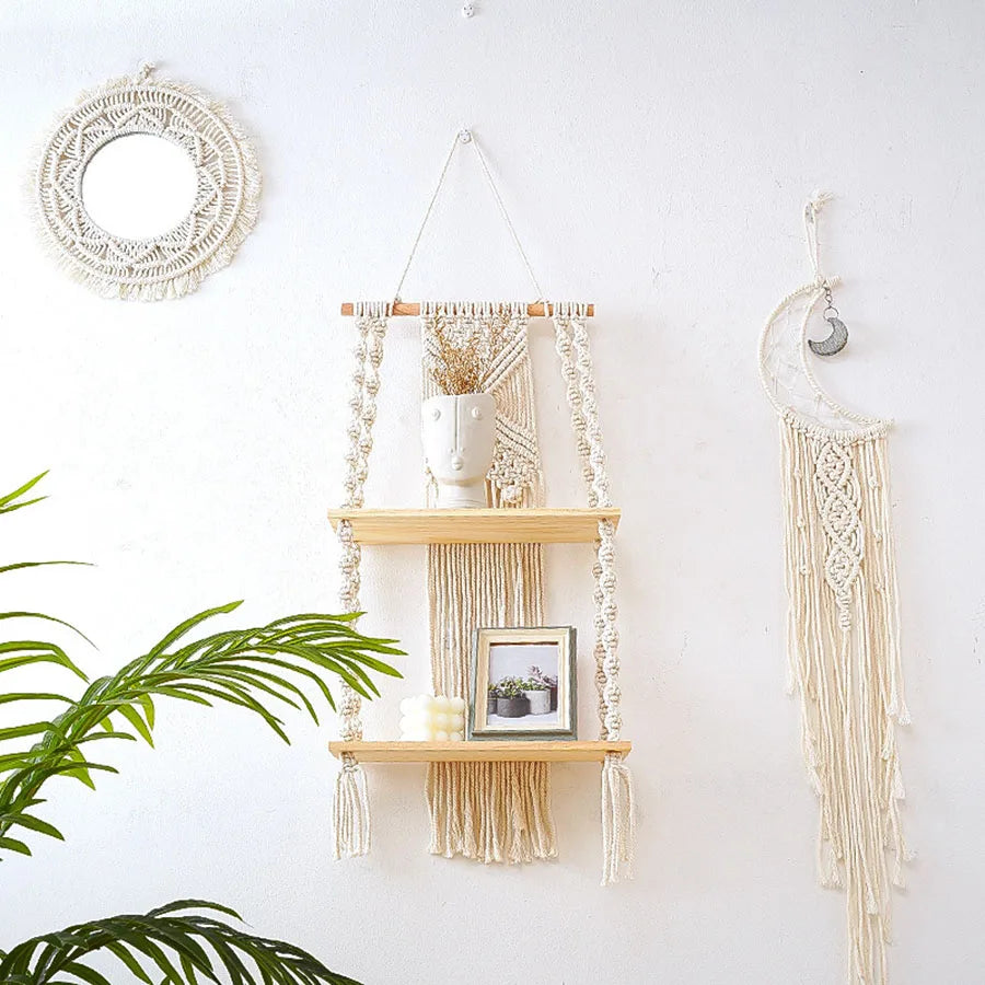 Étagère murale macramé bois naturel