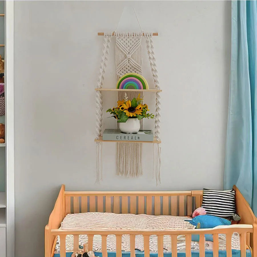 Étagère murale macramé bois naturel