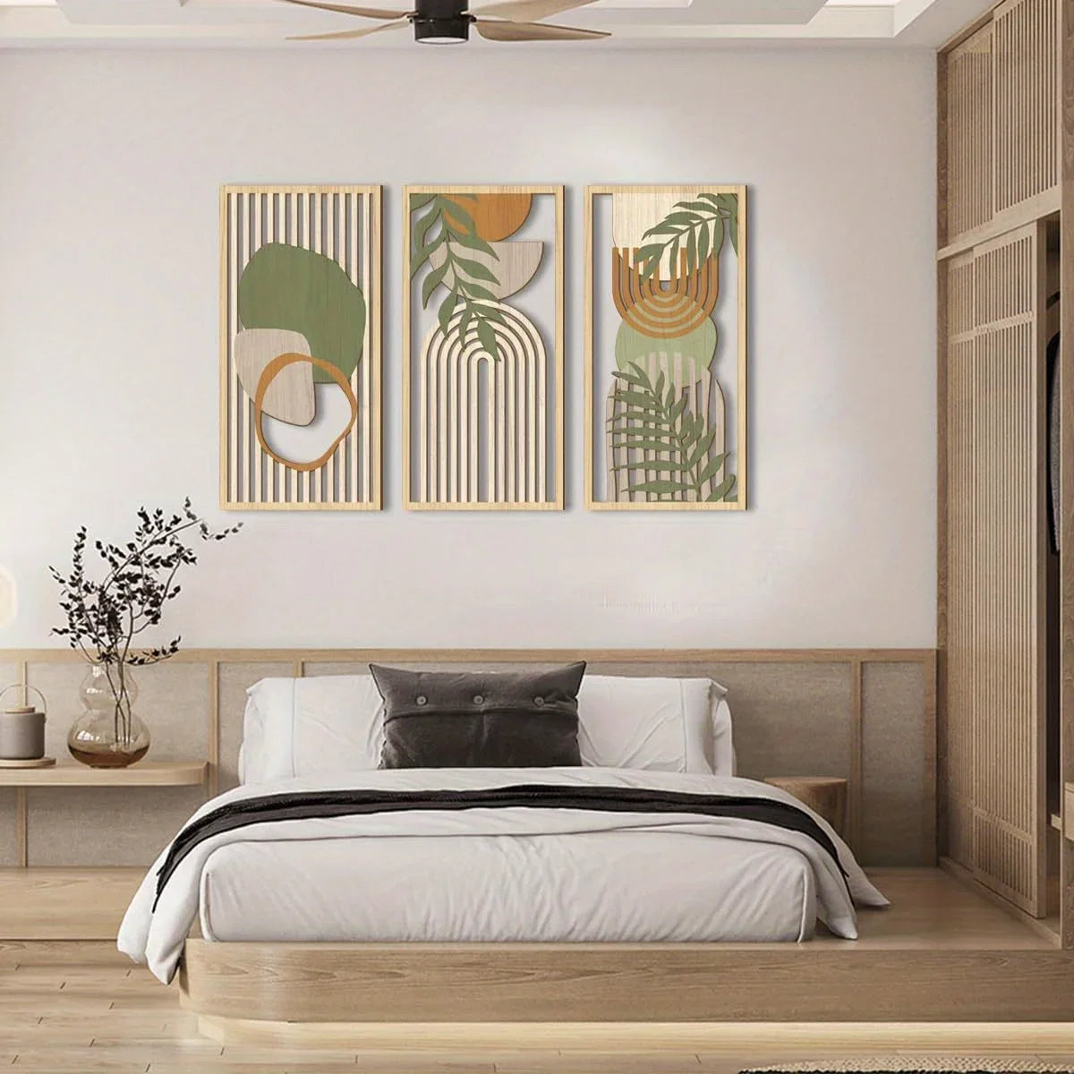 Décoration murale bois abstrait vert sauge (lot de 3)