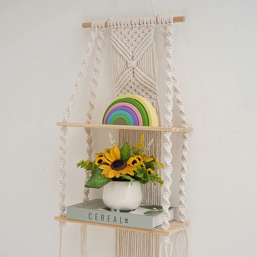 Étagère murale macramé bois naturel
